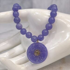 Burmese Purple Jade 14K YG SS Carved Flower Charm Stretch Bracelet